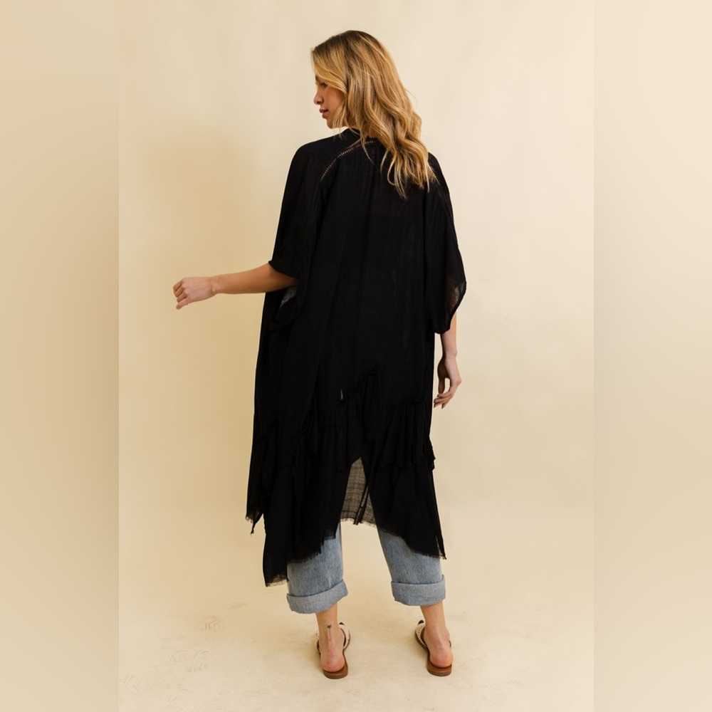 89. LAST 1! Black Cardigan Kimono Bohemian Boho Layer Flowy Duster tier ruffle - Picture 3 of 4